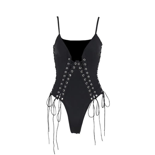 V neck lace up hollow out solid cami bodysuit