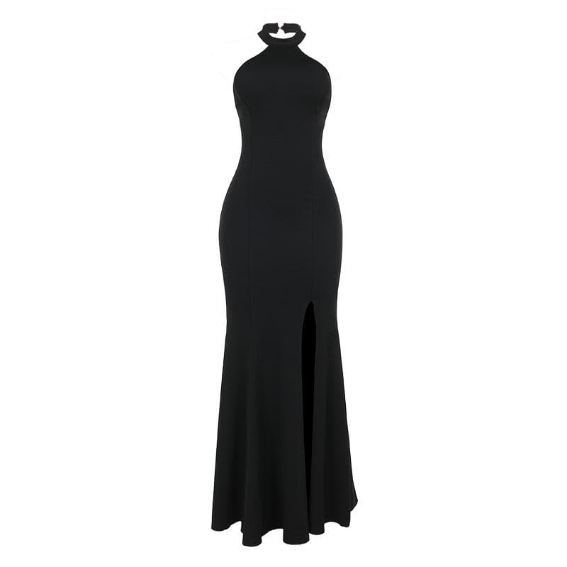 Halter backless high slit solid maxi dress
