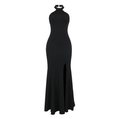 Halter backless high slit solid maxi dress