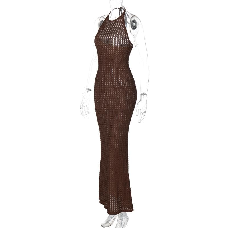 Halter textured see through backless maxi dress