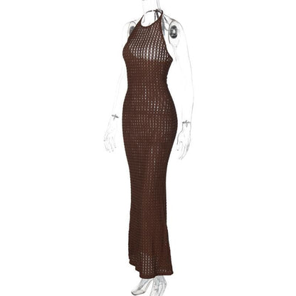 Halter textured see through backless maxi dress
