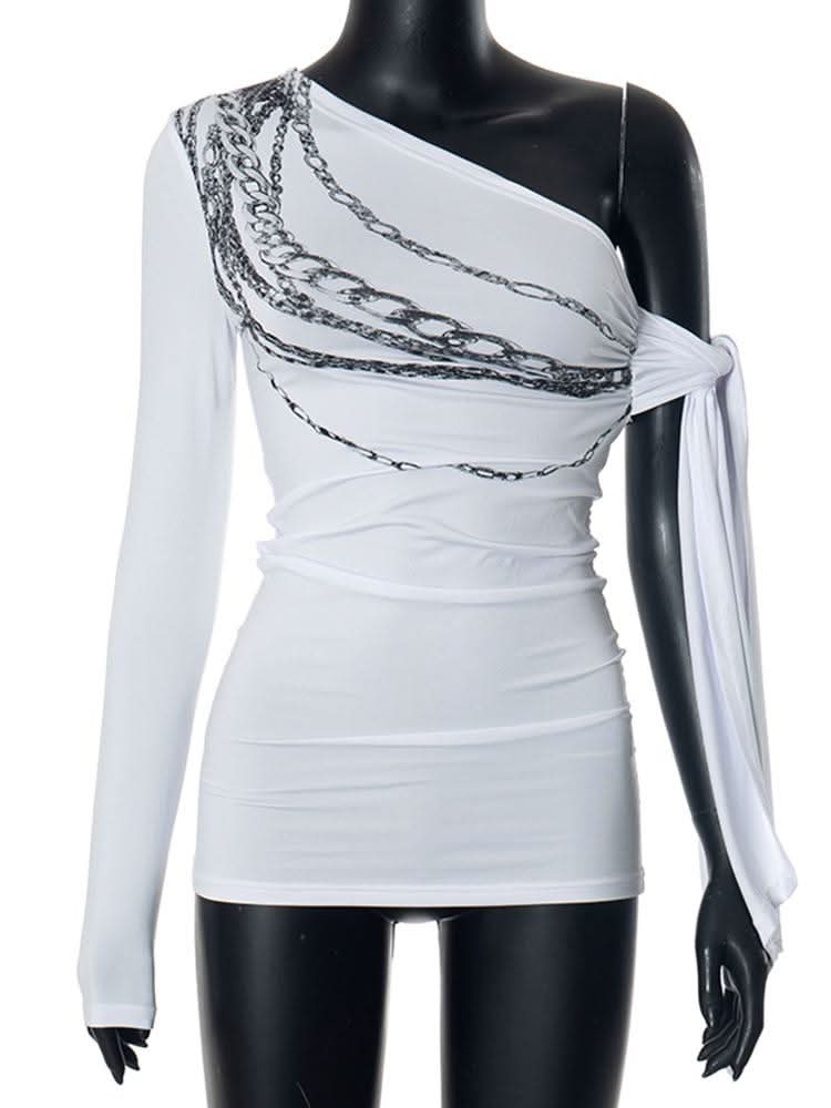 Irregular long sleeve chain print one shoulder top