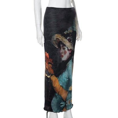 Print ruffle contrast maxi skirt