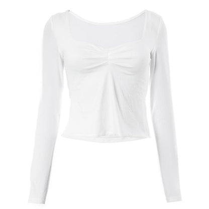 Square neck ruched long sleeve slit solid top