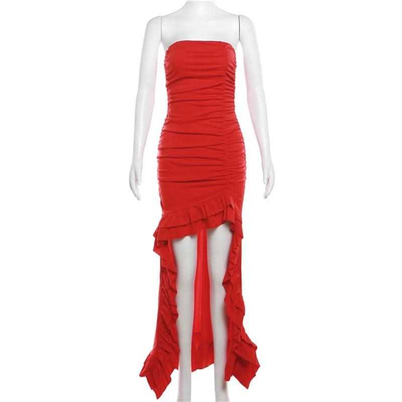 Ruched ruffle solid backless tube maxi dress-final-sale