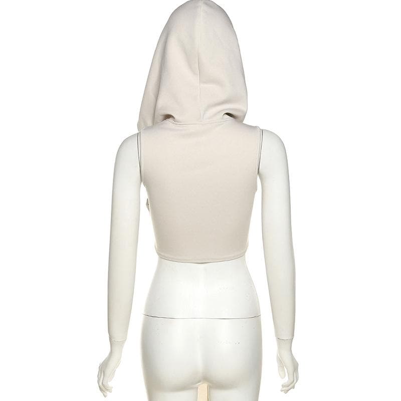 Sleeveless solid irregular ribbon hoodie ruched crop top