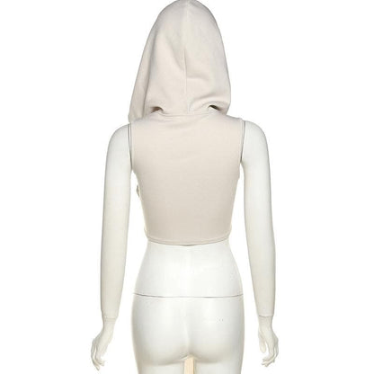 Sleeveless solid irregular ribbon hoodie ruched crop top