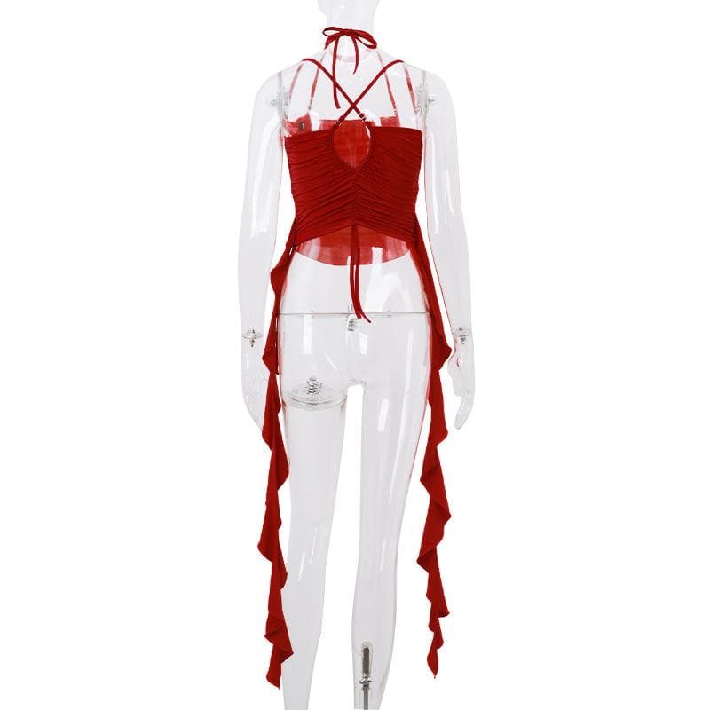 Halter ruched flower applique ruffle solid cross back crop top