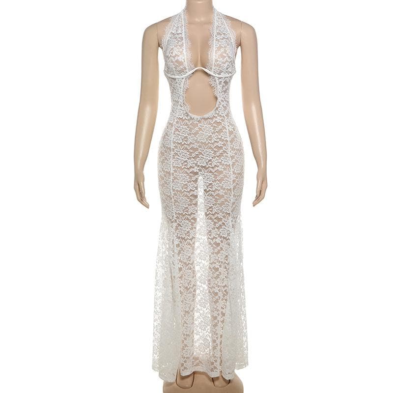 Halter lace see through hollow out cut out maxi dress