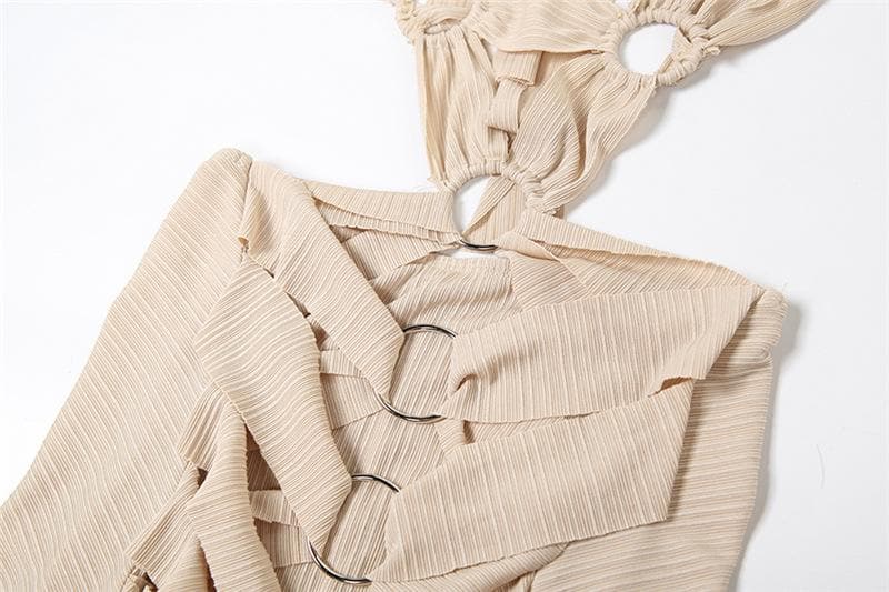 O ring textured hollow out self tie ruched tank cut out maxi dress