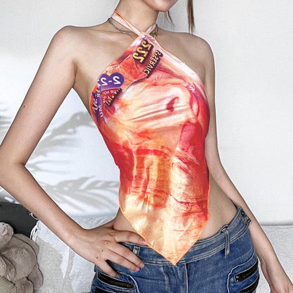 Halter abstract self tie backless contrast top