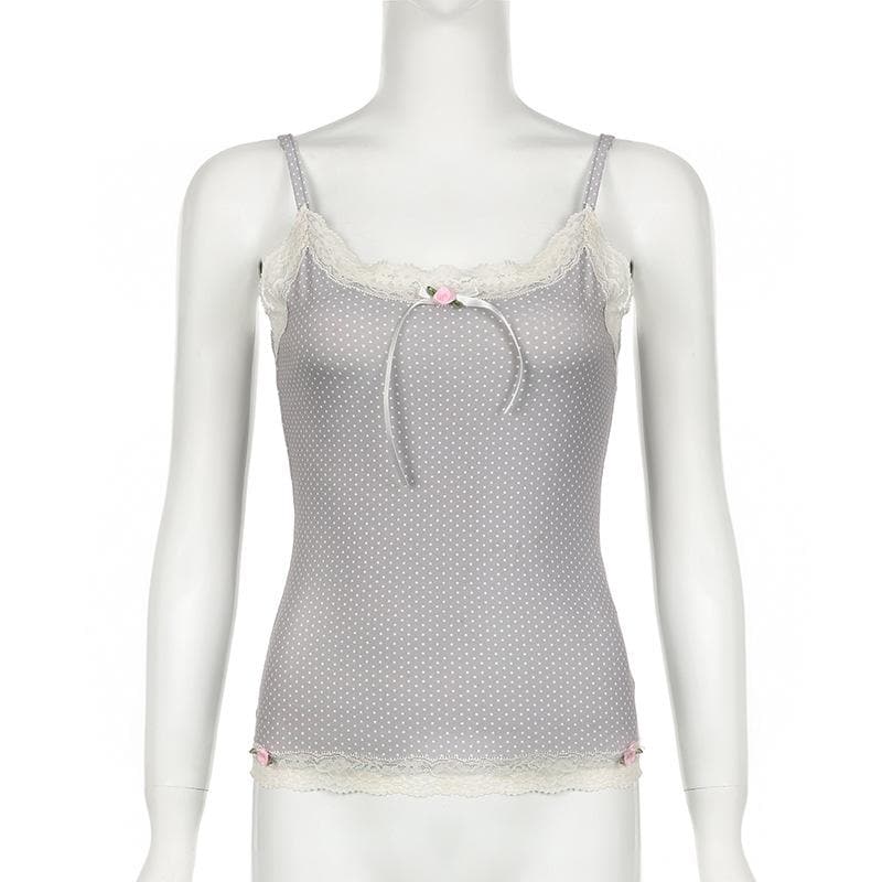Lace hem polka dot rose applique cami top