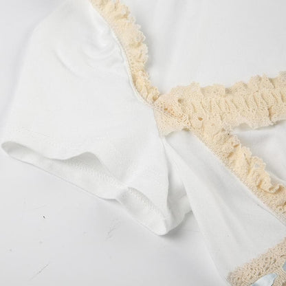 Short sleeve ribbon lace hem bowknot top