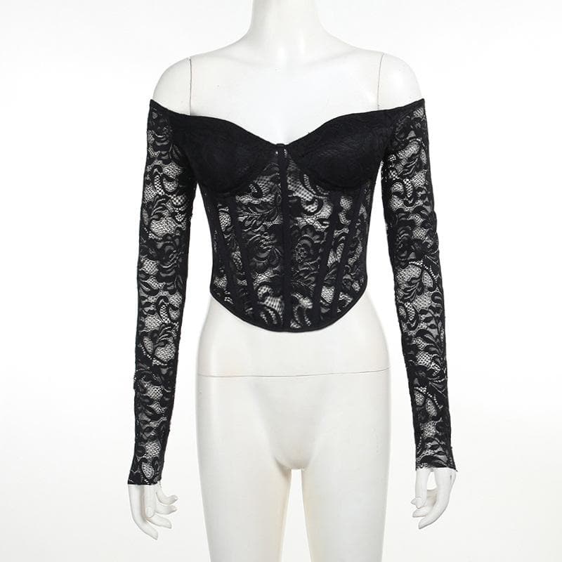 Lace solid long sleeve corset off shoulder top