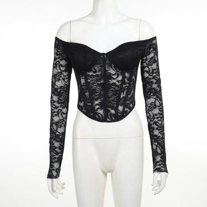 Lace solid long sleeve corset off shoulder top