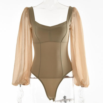 Solid v neck long sleeve mesh backless bodysuit