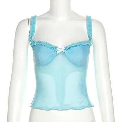 Sweetheart neck mesh bowknot backless ruffle lace hem cami top