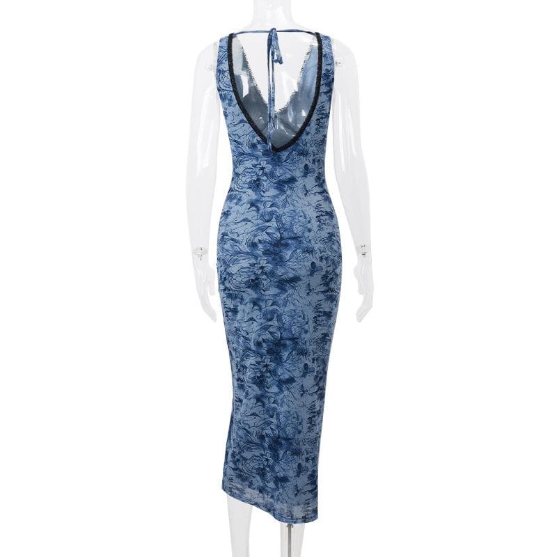 V neck lace hem print mesh knotted midi dress