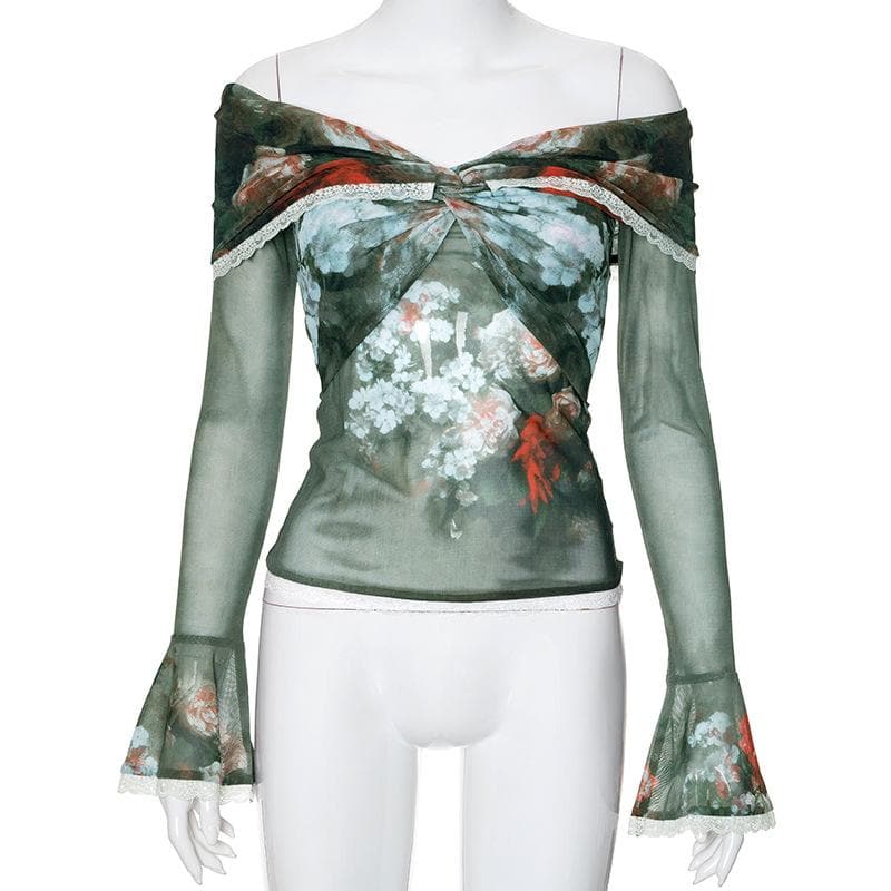 Long flared sleeve off shoulder sheer mesh print lace top