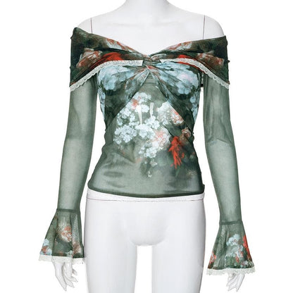 Long flared sleeve off shoulder sheer mesh print lace top