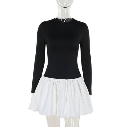 Long sleeve crewneck patchwork mini dress