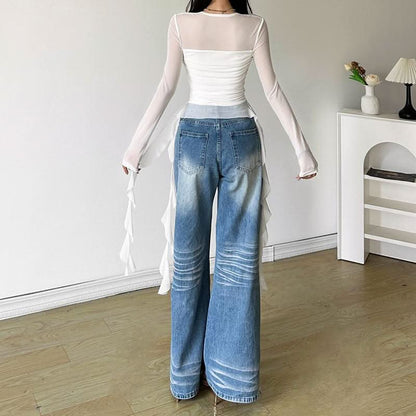 Long sleeve square neck irregular ruched mesh top
