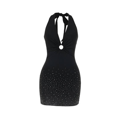 Halter self tie beaded ruched v neck mini dress