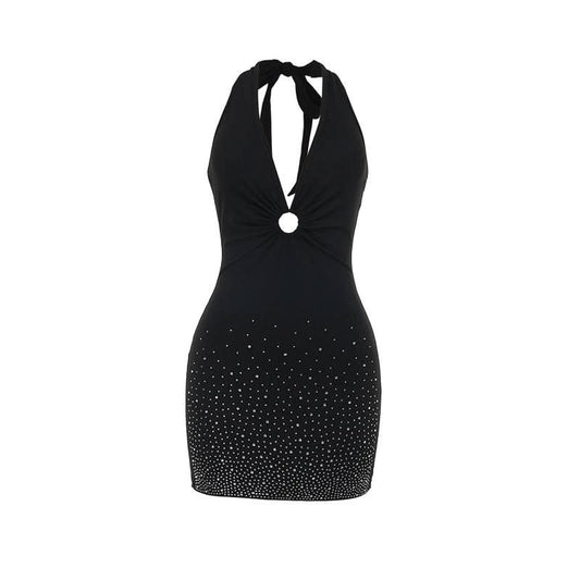 Halter self tie beaded ruched v neck mini dress