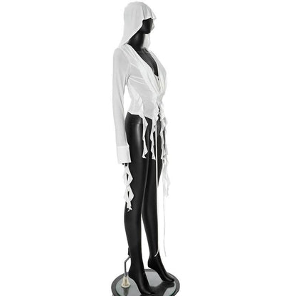 Hoodie long sleeve tassels self tie top