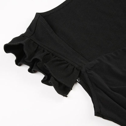 Mesh ruffle v neck metal tag bodysuit