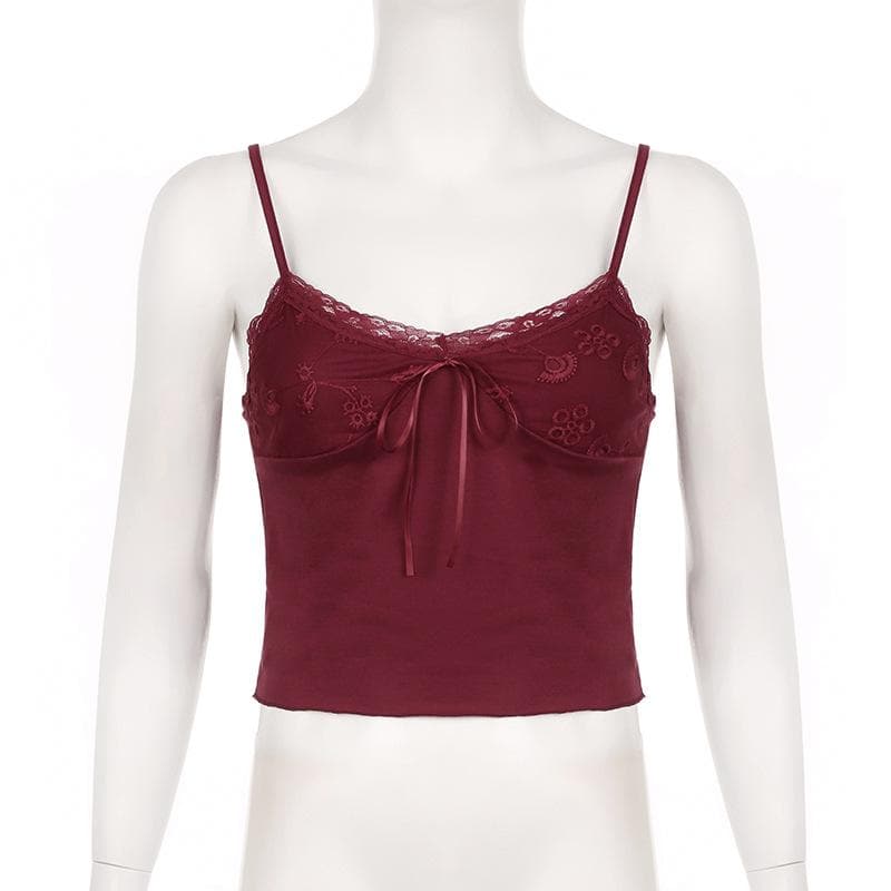 Lace patchwork bowknot backless cami top