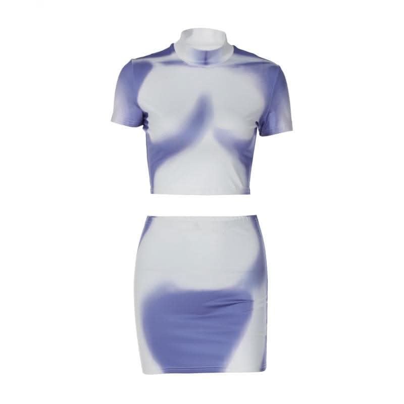 Short sleeve high neck contrast body print mini skirt set-final-sale