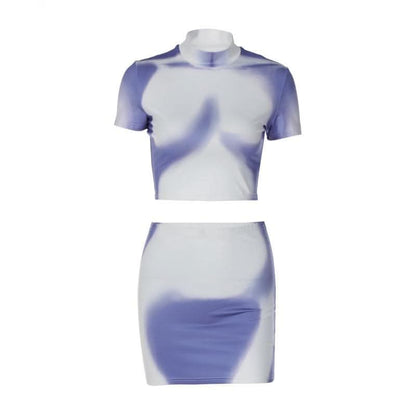 Short sleeve high neck contrast body print mini skirt set-final-sale