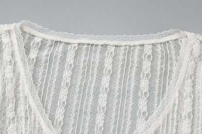 Short sleeve button lace see through crop top