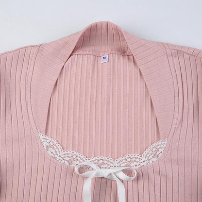 Lace hem contrast long sleeve bowknot ruffle top