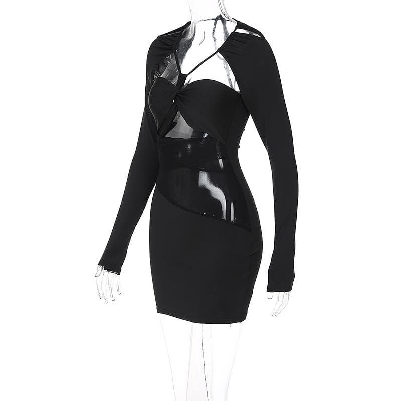 Strappy Halter Mesh Panel Cutout Long Sleeve Bodycon Mini Dress