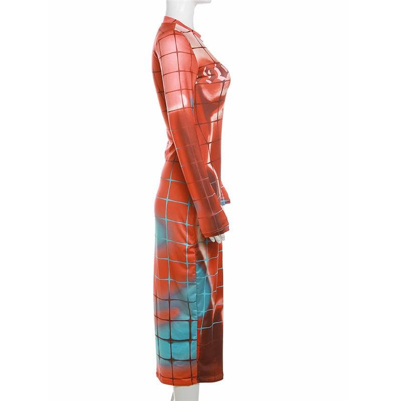 Long Sleeve Crewneck Grid Body Print Color Block Bodycon Maxi Dress