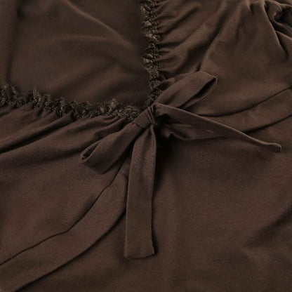 V neck long sleeve lace hem ruched bowknot top