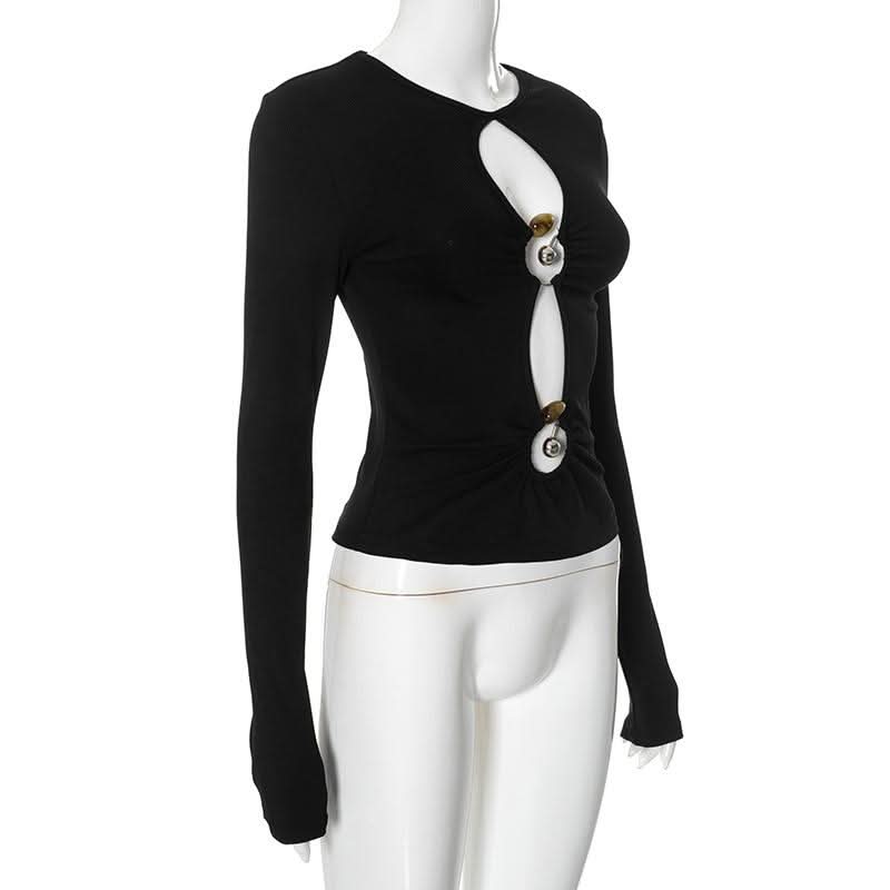 Long sleeve hollow out ribbed crewneck ruched cut out top