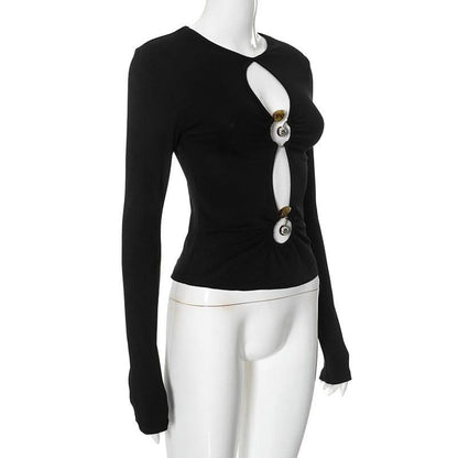 Long sleeve hollow out ribbed crewneck ruched cut out top