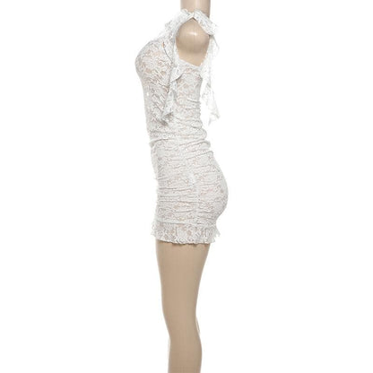 Lace see through one shoulder ruffle knotted ruched mini dress