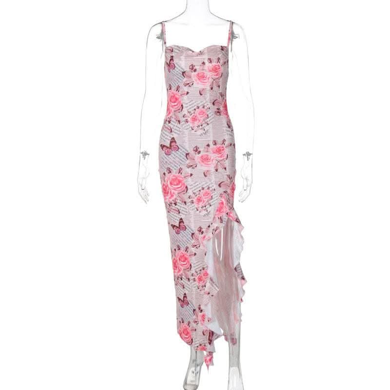 Cowl neck ruffle slit butterfly print cami maxi dress-final-sale