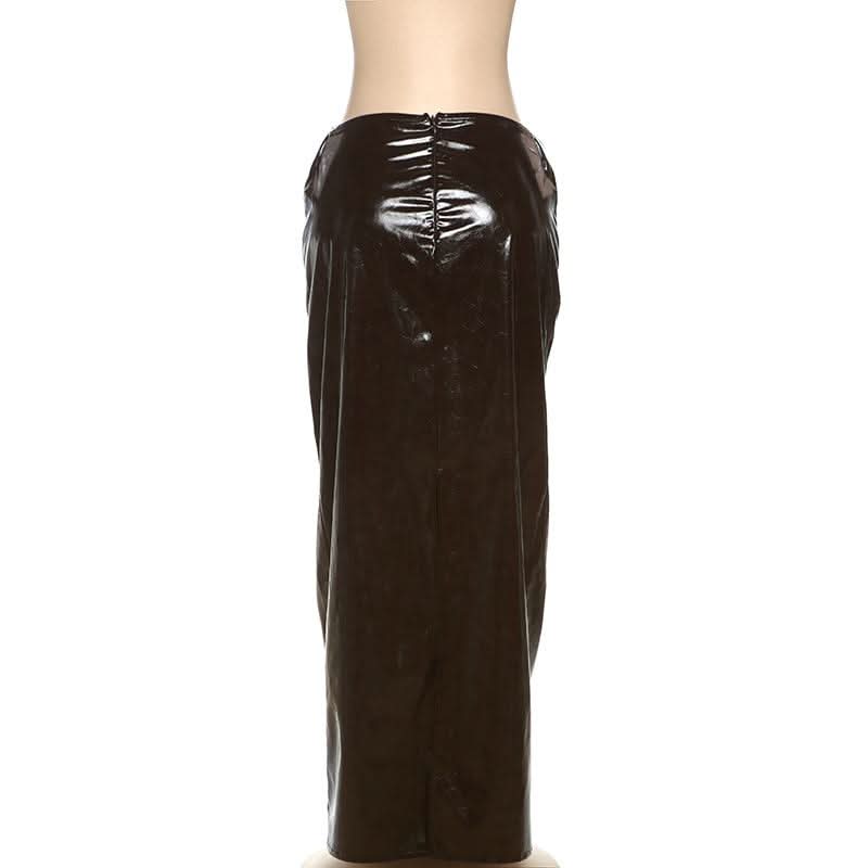 Slit PU leather zip-up brown maxi skirt