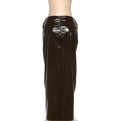 Slit PU leather zip-up brown maxi skirt