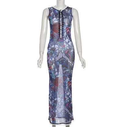 Sleeveless crewneck lace up print sheer mesh maxi dress-final-sale