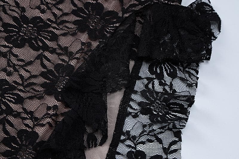 Strapless Floral Lace Ruffle Side Ribbon Contrast Tube Midi Dress
