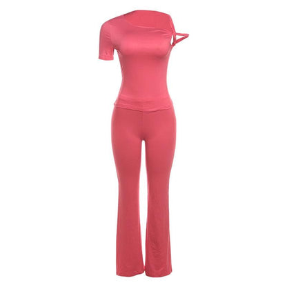 Short sleeve irregular crewneck solid pant set