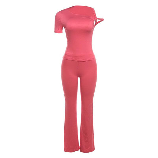 Short sleeve irregular crewneck solid pant set