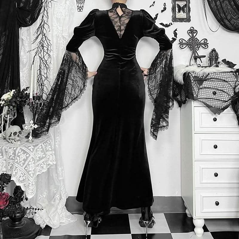 Crewneck long flared sleeve slit velvet lace midi dress