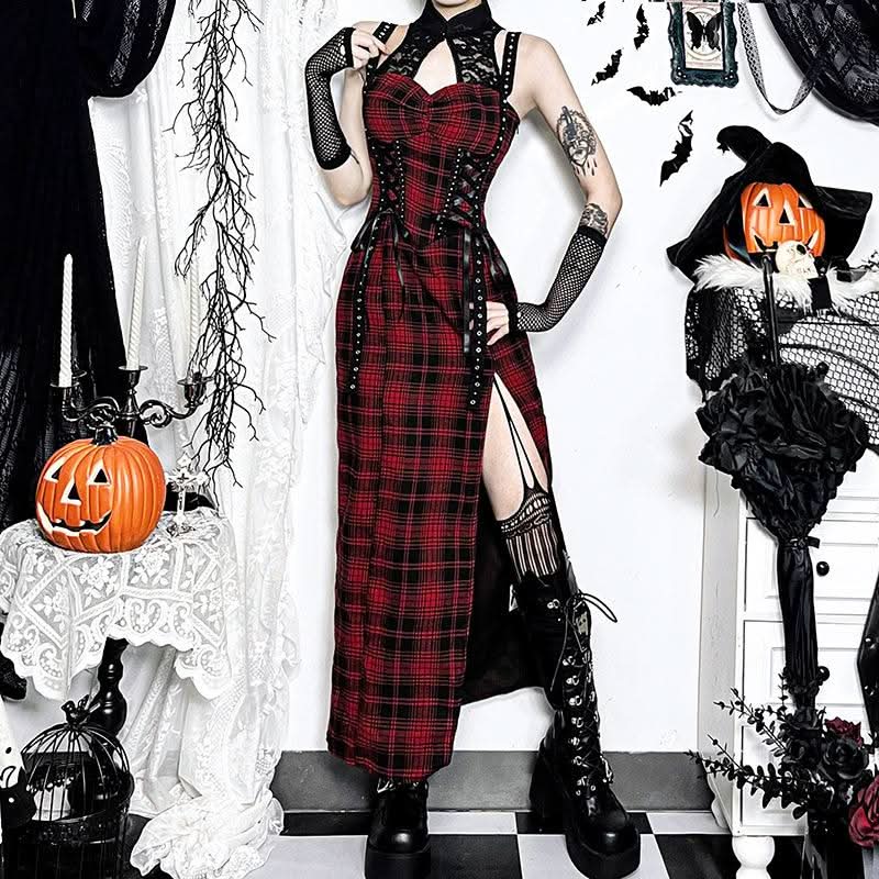 Hollow out plaid print lace up lace slit cut out midi dress